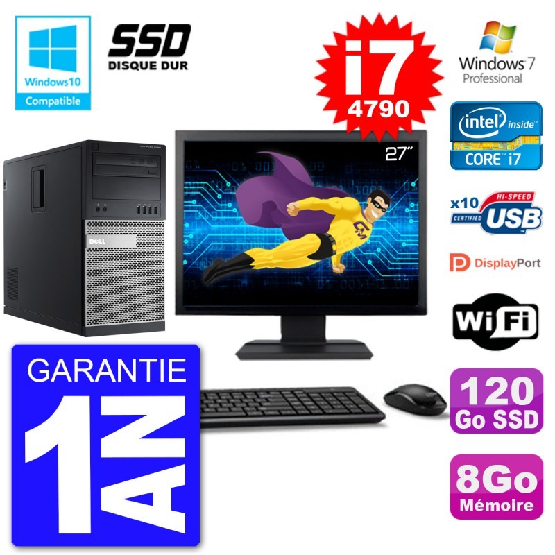PC Tour DELL 9020 Ecran 27" Core i7-4790 RAM 8Go SSD 120Go Graveur DVD Wifi W7