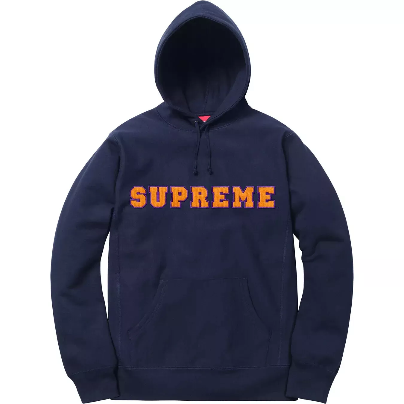 SWEAT SHIRT À CAPUCHE BLEU MARINE D'OCCASION LOGO COLLÉGIAL CORDON SUPRÊME SS18 SS18SW16