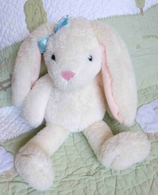 Dan Dee DanDee Bunny Rabbit Stuffed Fluffy Cream w Blue Ear Bow w Pink Flowers