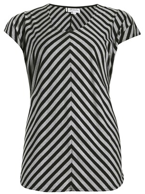 Damen-T-Shirt schwarz grau Chevron Streifen Flügelärmel Stretch Oberteil Damen