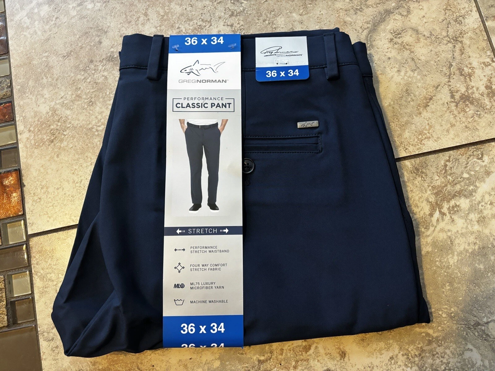 Mens Greg Norman Performance Classic Pant Stretch Waistband Blue 36 x 34 NEW