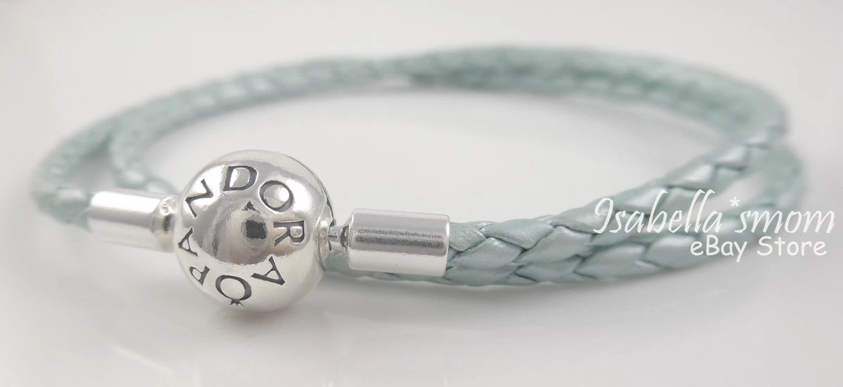 LIGHT BLUE METALLIC Authent PANDORA Double LEATHER Bracelet 13.8