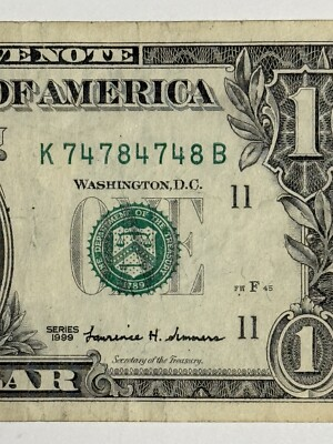 #ad Fancy Serial Number Dollar Bill Trinary 4s 7s 8s Weird But Cool $1 1999 Series $5.24