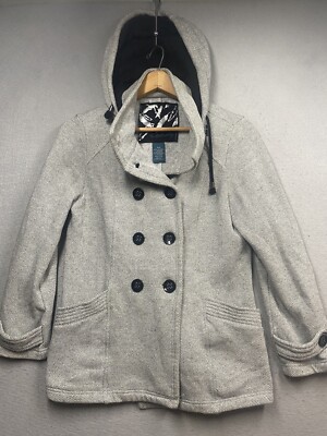 Sebby Pea Coat Women s Hooded Gray Cotton Blend Size Medium *No Belt*