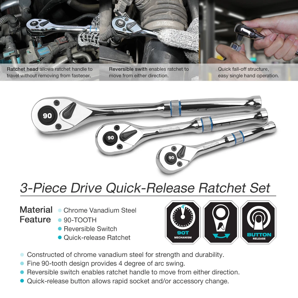 DURATECH 3PC Ratchet Set 1/4" 3/8" 1/2" Drive Reversible Ratchet Handle 90-Tooth - Image 4 of 4