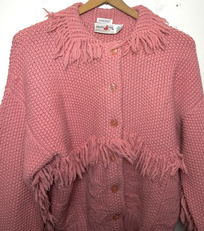 Suéter De Colección Años 90 Tejido a Mano Lana Flecos M Rosa Grueso Tejido Boho Festival Cárdigan Foto 4 de 4