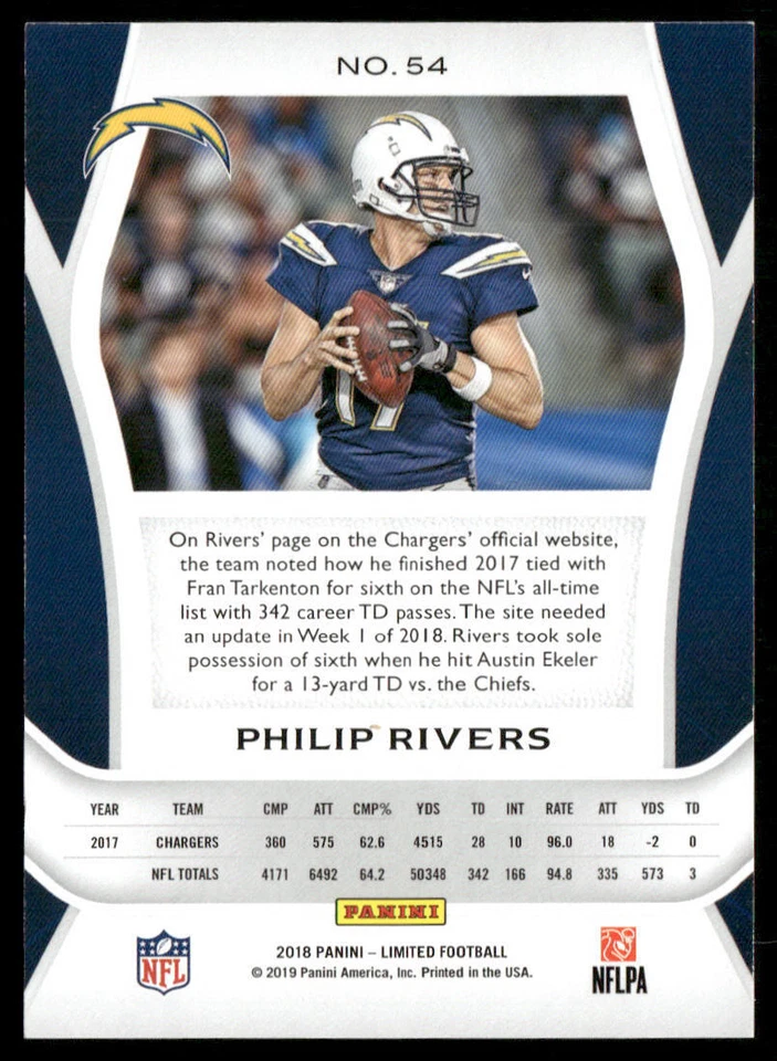 Philip Rivers 2018 Panini Limited #54 Los Angeles Chargers - Image 2 of 2