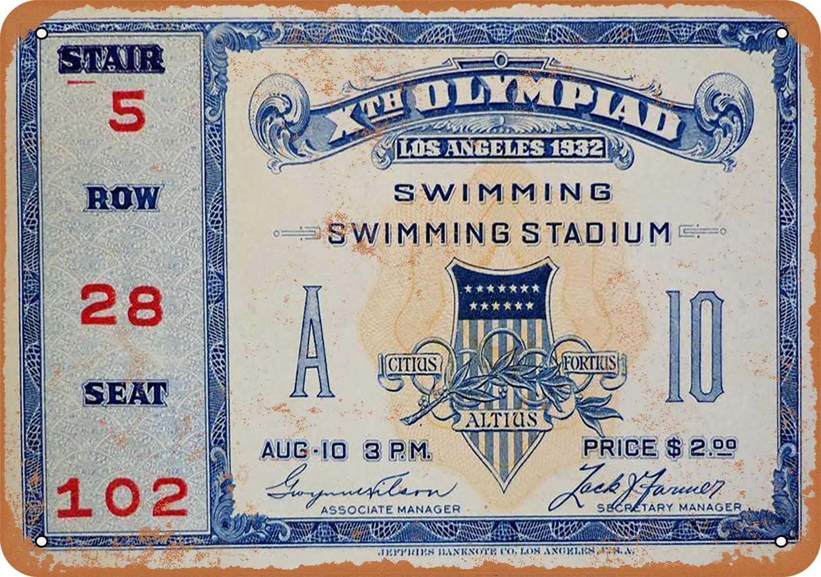 1932 LA Olympics Vintage Swimming Ticket Metal Sign