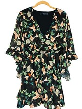 Shore Women Black Floral Casual Dress Size Small Flutter Sleeve Fairycore Beach
