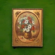 Floral Oil Painting Daisies and Poppies by Judie Hurt 1976 Ornate Frame