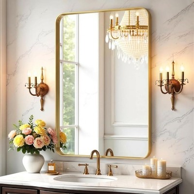 Gold Metal Framed Bathroom Vanity Mirror, Rounded Rectangle, 20 x 32 Inch