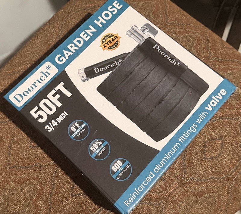 Doorich 50 ft 3/4 in Black Garden Hose 600 PSI w/ Valve, Reinforced Fittings