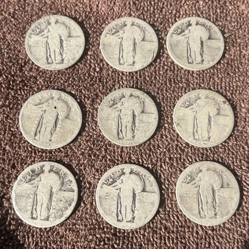 Standing Liberty Quarter Dollars (9)  Silver Worn. No Reserve Auct. 51.2 Grams
