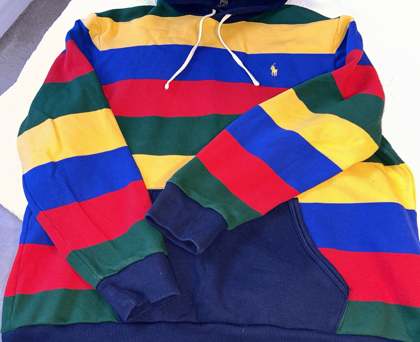 Splendida felpa con cappuccio Ralph Lauren Bright multicolore a righe pony uomo XXL