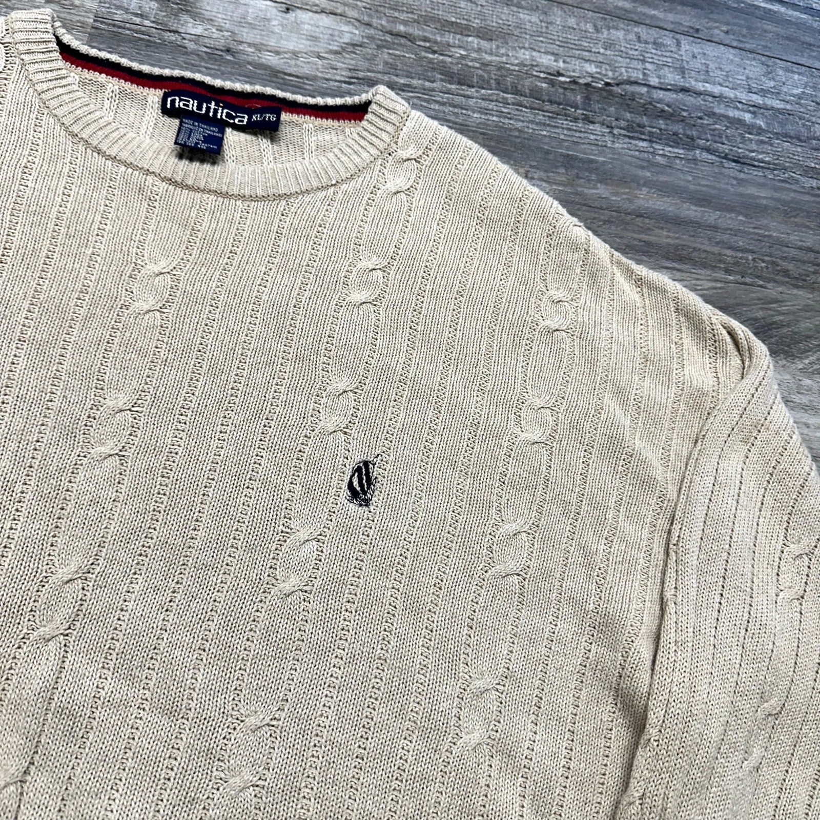 Nautica, Vintage 90s Nautica Cream Ivory Mens XL Chunky Cable Knit Sweater Ramie Linen