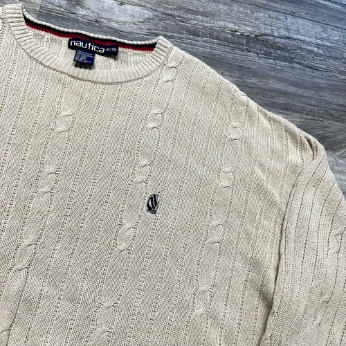 Nautica, Vintage 90s Nautica Cream Ivory Mens XL Chunky Cable Knit Sweater Ramie Linen