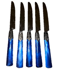 Vintage Gibson Roseland Blue Stainless Flatware, Table Knife Set of 5