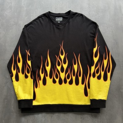 RUDE Flame Graphic Crewneck Sweatshirt Black Yellow Men s Large Streetwear