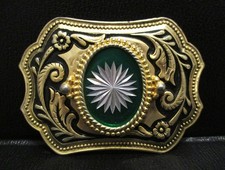 Western Style Belt Buckle Gold  Green in Color With Center Silver Prism Design