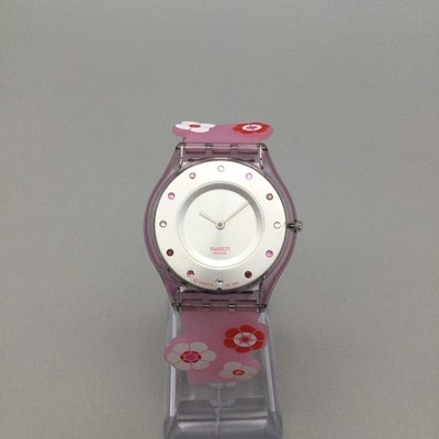 Swatch Womens Watch 34mm Silver Tone Pink Flowers Silicone Swiss