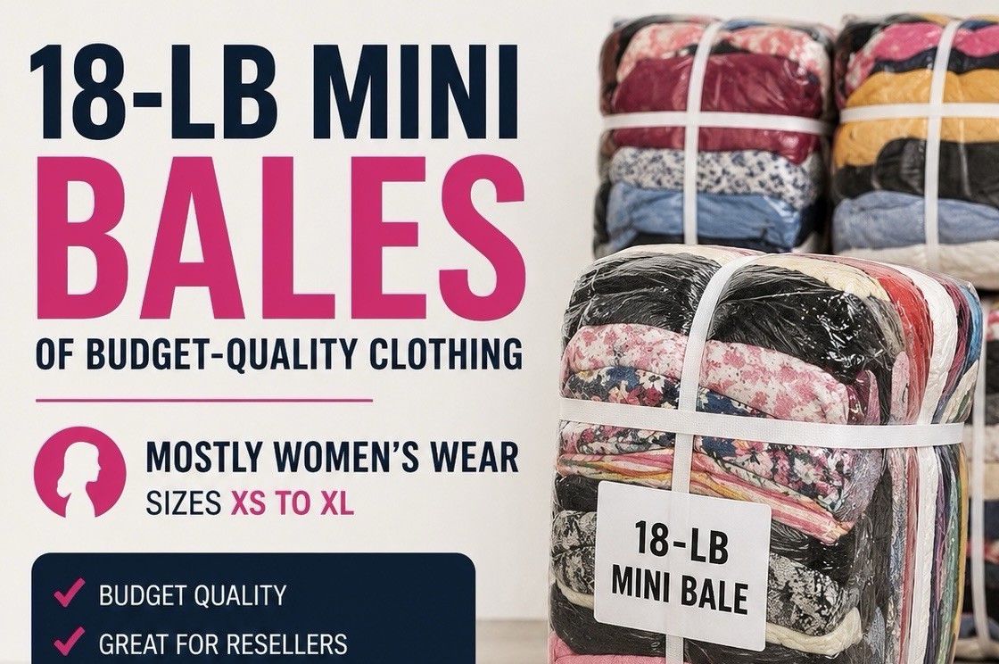 Mini bales of budget-grade vintage clothing