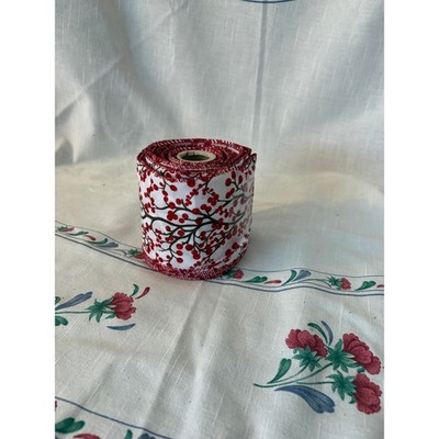 Wired White Ribbon with Red Berries 3.5 in wide X 11yd 2 ft length glitter edge