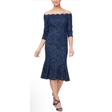 Alex Evenings Navy Sequin Lace Off Shoulder Flounce Midi Dress Formal Womens 4