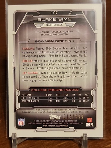 2015 Bowman Gold #R107 Blake Sims /399 Alabama Crimson Tide - Picture 2 of 2