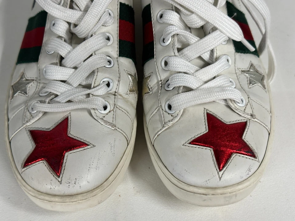 Zapatillas Gucci Ace Star Blanco y Metálico Rojo Verde Retazos Cuero Talla 37.5 Foto 3 de 4