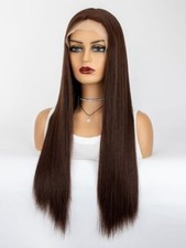 Long Silk Straight 13x4 T Part Lace Front Human Hair Wig Chocolate Brown Wig New
