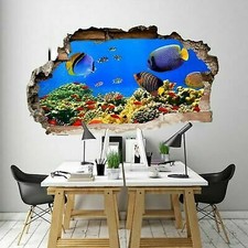 ADESIVO MURALE WALL STICKERS SQUARCIO MURO ARREDO EFFETTO 3D ACQUARIO COLORI