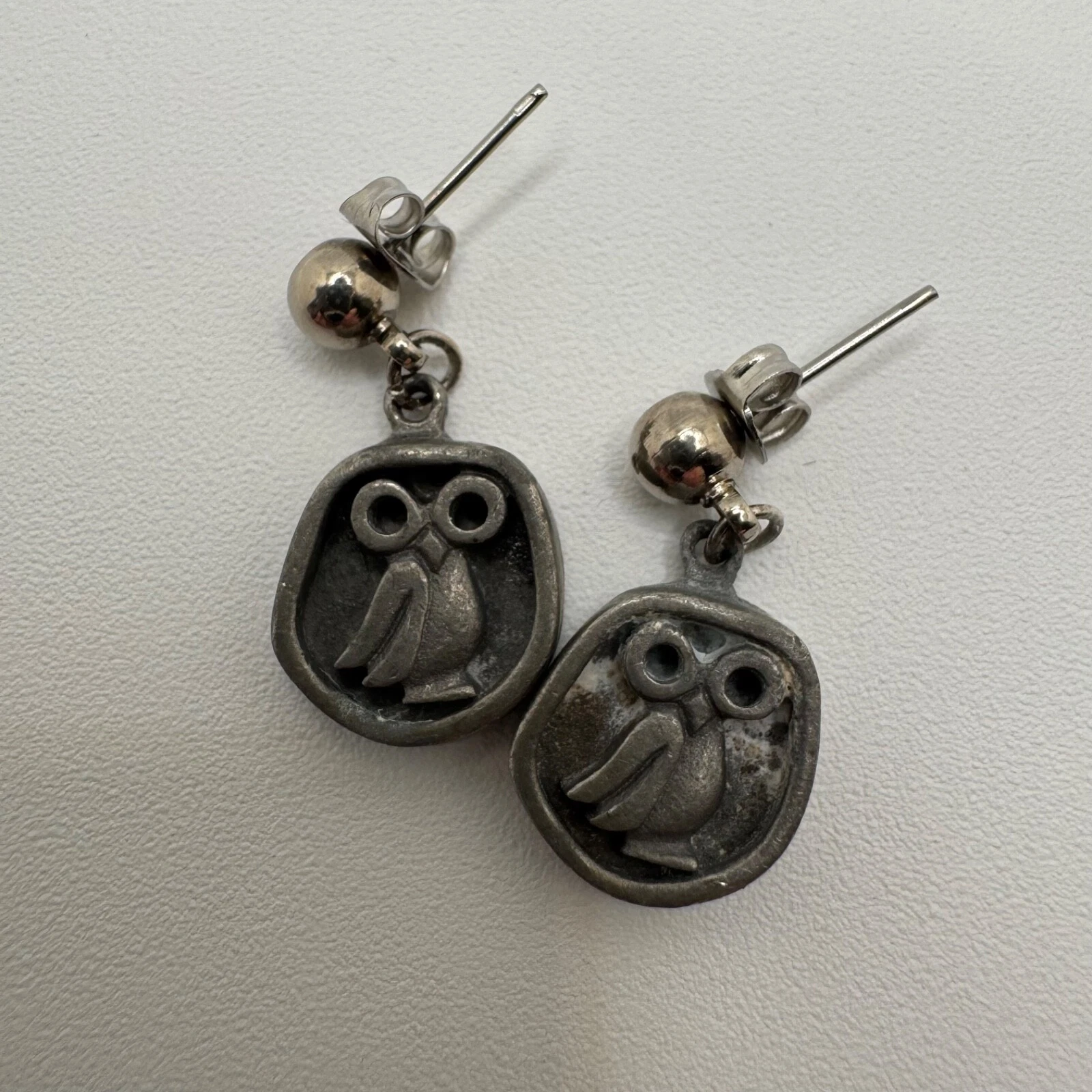 Vintage Donley Pewter Earrings Dangle Drop Owl With Prominent Eyes