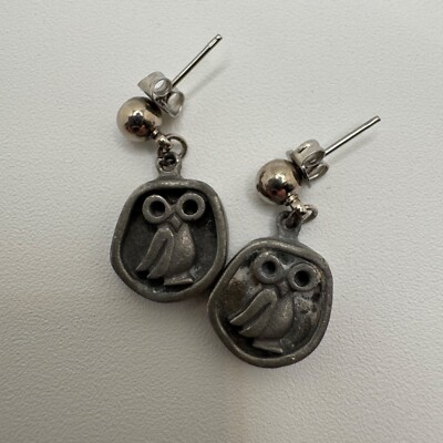 Vintage Donley Pewter Earrings Dangle Drop Owl With Prominent Eyes