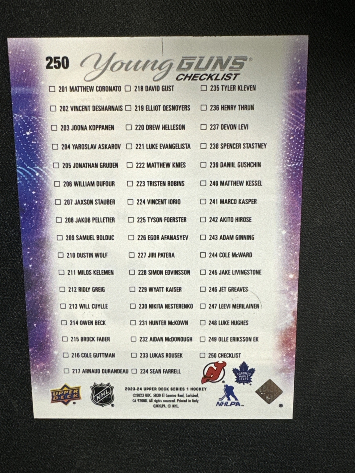 2324 UD Series 1 Hockey Clear Cut Young Guns Checklist 250 Hughes