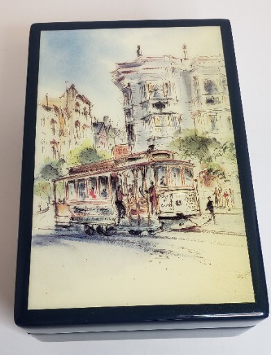 A Reuge-movement music box depicting a San Francisco scene — Reuge is the Rolls-Royce of Swiss music box makers, making this a legitimately premium vintage find.