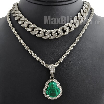 Silver Plated Alloy Jade Buddha Pendant Iced Cubic Zirconia Cuban Chain Necklace
