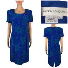 Maggy London Womens 10 Dress 100 Silk Blue Floral Vintage Shoulder Pads EUC
