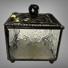 Vtg 3  Hinged Stained Glass Leaded Trinket Jewelry Box W/ Ornate Handle