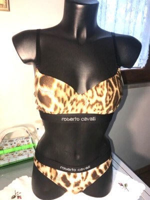 Roberto Cavalli Beige- Brown Leopard Bra Underwear Set (Size: IT 44, US 38)