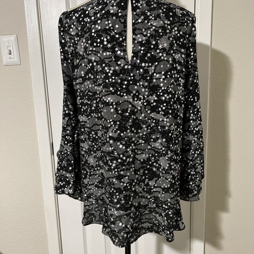 MICHAEL KORS Women's Ruffled Metallic/ Black Blouse Shirt Top Sz L - Picture 6 of 12