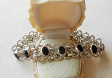  Vintage Taxco Mexico Sterling Black Onyx Link Bracelet Slide Clasp 283892