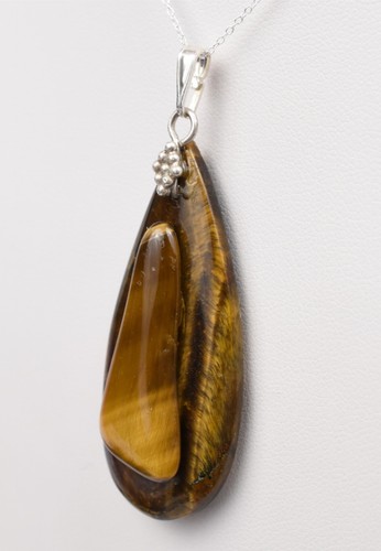 Sterling Silver 925 Teardrop Tiger’s Eye Pendant Necklace 18" Natural Gem 1.9 gm - Picture 10 of 14