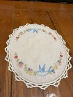 2 pc Oval Linen Lace Doilies, Embroidered Floral Border with Blue Birds, Beige — photo 8