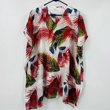 Tropical Leaf Print 100% Viscose Kaftan Coverup Vacation Top Blouse One Size
