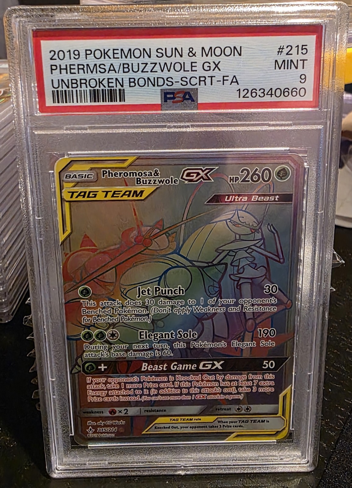 2019 Pokemon Sun Moon Unbroken Bonds Buzzwole GX Pheromosa #215 Secret PSA 9