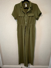 Green Collared Button Front Jumpsuit L Drawstring Wide-Leg Pockets