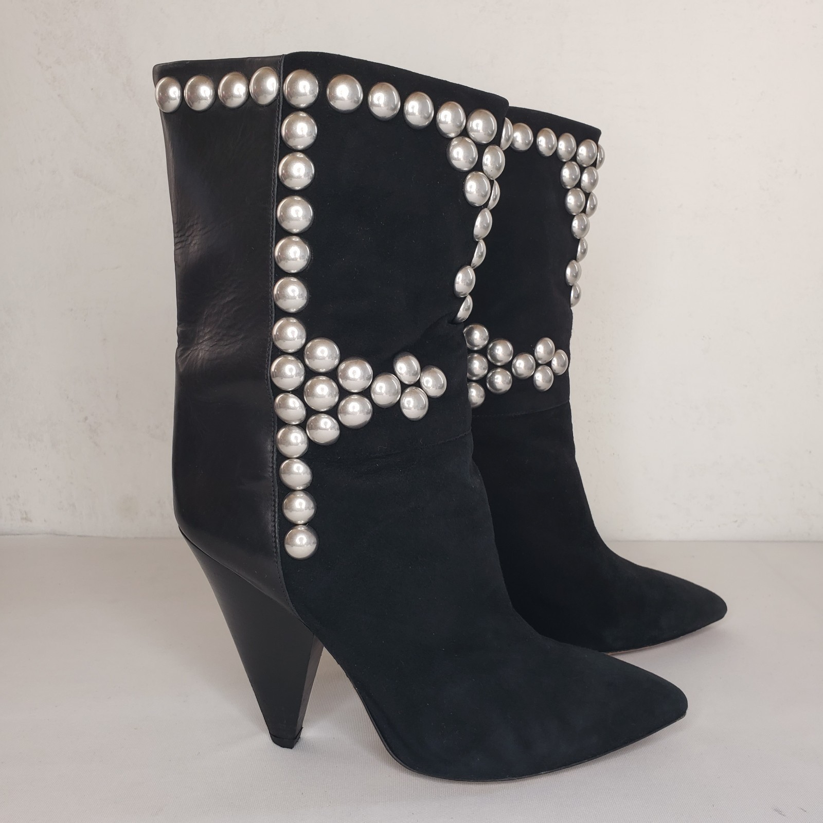 ISABEL MARANT Layo Black Leather Suede Studded Boots Cone Heel 39 9 Runway RARE image 5