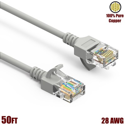 50FT Cat6A RJ45 SLIM Ethernet LAN Network UTP Patch Cable Gold 28AWG Copper Gray