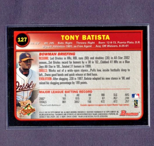 2003 BOWMAN METALLIC GOLD VETERAN PROTOTYPE #127 TONY BATISTA ORIOLES SSP 1/1 - Image 2 of 2