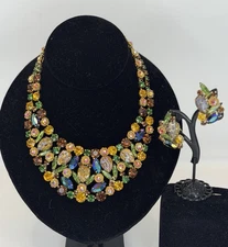 RARE Vintage Art Glass Rhinestone Bib Collar Necklace Earrings Alice Caviness NM